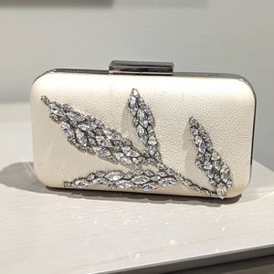 Henri Bendel cream rhinestone fancy clutch with shoulder strap and dust bag